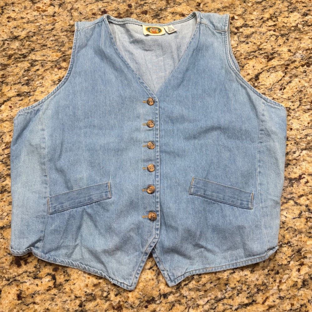 CM Company Vintage Denim Vest Womens Large Light Wash Cotton Button Front Cinch